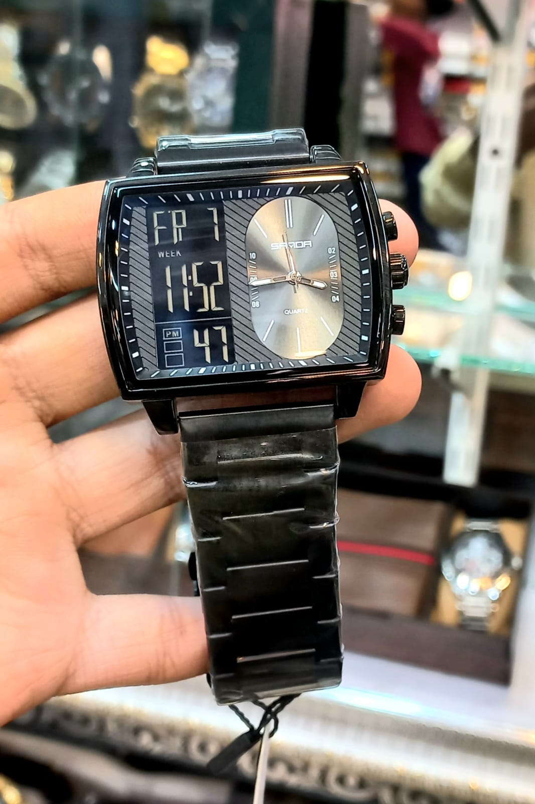 SANDA Dual Display Black Steel Watch – Analog & Digital